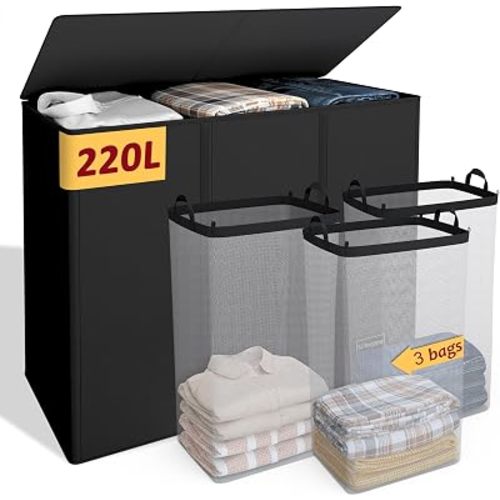 220L Laundry Hamper 3 Section,Large Laundry Hamper with Lid,Dirty Clothes Hamper with 3 Inner Bags,Collapsible Laundry Basket Organizer for Laundry Room,Bedroom,Laundry Sorter Hamper 3 Compartment