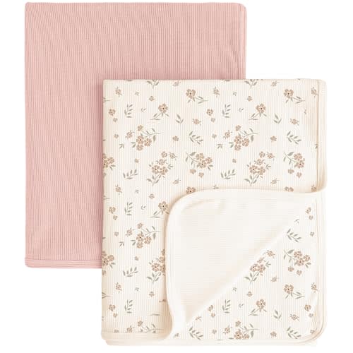 Konssy Knit Baby Blanket 2 Pack, Soft Ribbed Swaddle Receiving Blankets for Boys & Girls, Lightweight Cozy Swaddling Wrap for Newborns, Infants, & Toddlers, 33x42 Inch (Blossom,Pink)