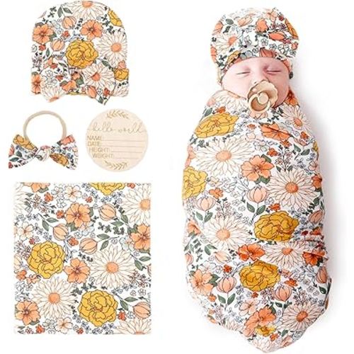 BQUBO Baby Girl Newborn Receiving Blanket with Bow Hat Headband Wooden Birth Announcement Card Set Baby Floral Print Nursery Swaddle Wrap