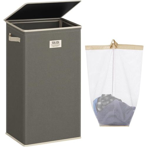 SOLEDI Laundry Hamper with Lid 100L Large & Tall Collapsible Laundry Basket, Clothes Hamper with Bag Removable Easy to Carry, Dirty Hampers for Bedroom, Bathroom, Dorm, College, Cement