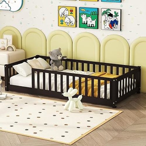 Bellemave Twin Size Kids Montessori Floor Bed,Twin Floor Bed Frame with Slats,Solid Wood Twin Bed Frame for Girls Boys,White