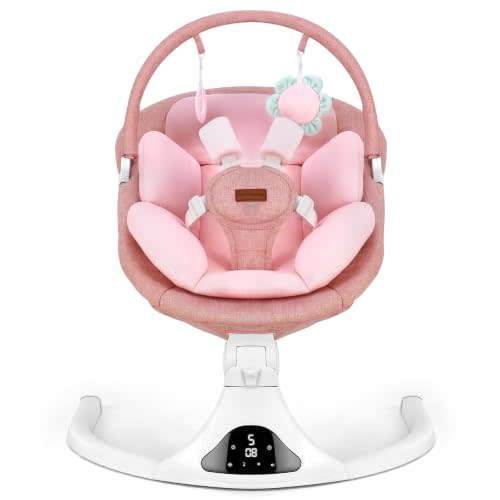 Portable Baby Swing with Remote Control Bluetooth Music 5-Speed Timer Pink | 5‑point safety harness, machine washable pad, 12 melodies & Bluetooth, 8/15/30 mins timer, indoor/outdoor use, safety lock