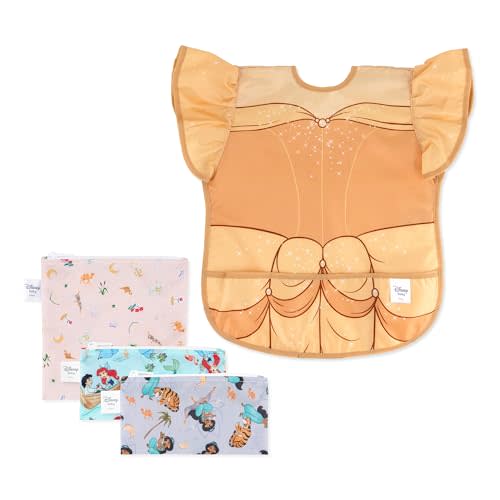 Bumkins Disney Ruffle Apron Bib and 3-pack Snack Bags, Waterproof Fabric, Belle
