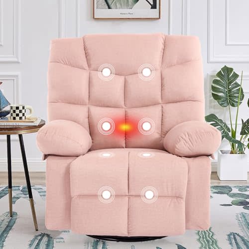 Oversized Swivel Rocking Recliner Chair Nursery Rocker Glider Chair Pink | Overstuffed, Waterproof Fabric, Cup Holders, Heated Massage Reclining Sofa Lounge Chair for Bedroom Living Room