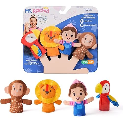 Ms. Rachel Zoo Friends Finger Puppets, 4-Pack with Lion, Monkey & Parrot