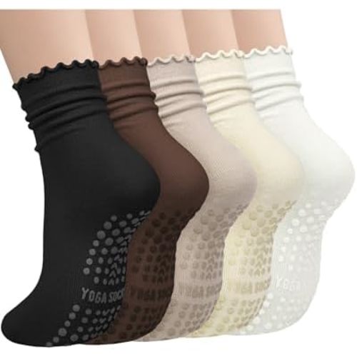 5 Pairs Pilates Socks with Grips for Women, Non Slip Cotton Ruffle Yoga Socks for Barre Workout Hospital