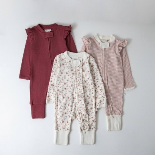 Picolette by Olivia Culpo Baby Girls' 3pk Long Sleeve Pajama Romper fold over footie cuff - Pink/white 0-3M