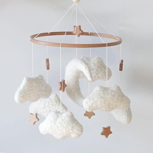 Cloud Mobile for Crib Neutral Baby Mobile for Crib Bassinet Boucle Cloud Baby Crib Mobile for Girls Boys Boho Nursery Mobiles with Wooden Stars