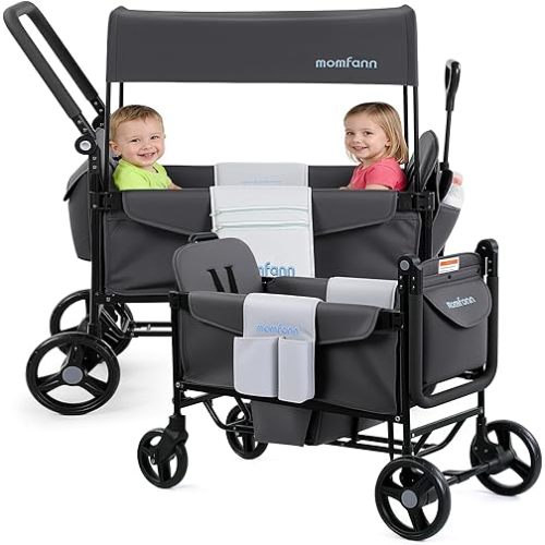 MOMFANN Wagon Stroller for 2 Kids, All-Terrain Foldable Baby Wagon with Adjustable Push & Pull Handle, 5-Point Harness, Removable Canopy, Footwell & Large Storage Bag-Dark Gray