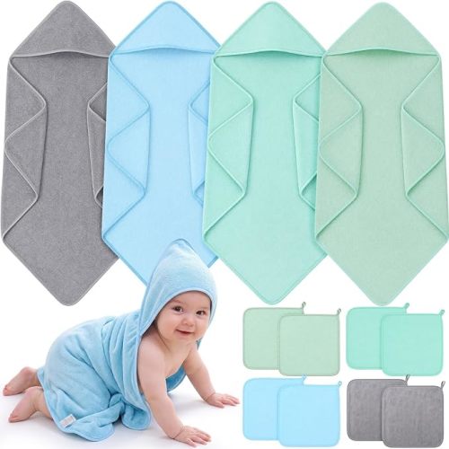 12 Pcs Baby Bath Towel Set Include 4 Hooded Baby Towels and 8 Soft Newborn Towels Absorbent Coral Fleece Toddler Bath Towel for Newborn Infant Essential (Green, Blue Green, Gray, Blue)