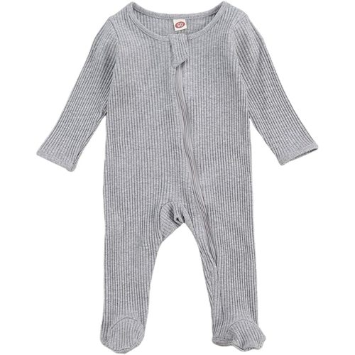 One opening Newborn Baby Boy Girl Zipper Footies Pajamas Pjs Ribbed Solid Long Sleeve Romper Jumpsuits Footed Sleep and Play