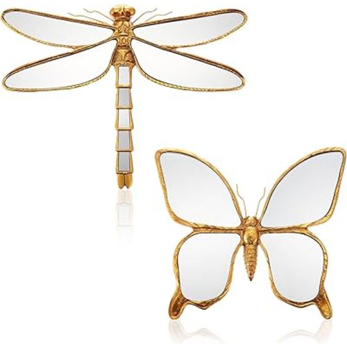 Sliner 2 Pcs Dragonfly & Butterfly Mirror Wall Decor Gold Resin Aesthetic Insect Wall Art, Vintage Decorative Glass Mirrors for Home Nursery Garden, Elegant Nature Gift for Summer Wedding