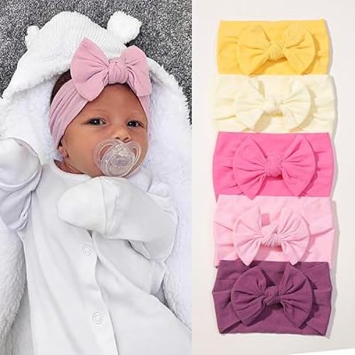 5Pcs Nylon Baby Bow Headbands, Soft Stretchy Hairbands with Bow for Newborns, Infants & Toddlers