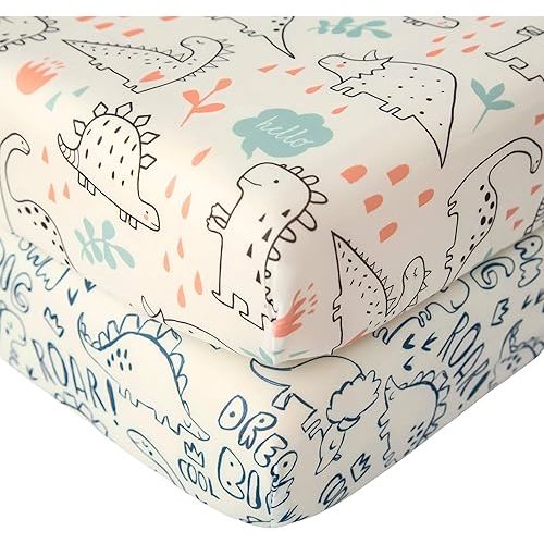 SDIII 2 Pack Dinosaur Crib Sheets for Boys 52×28 Stretchy Microfiber Jersey Knit Fall Crib Sheets Dinosaur for Standard Crib and Toddler Mattress