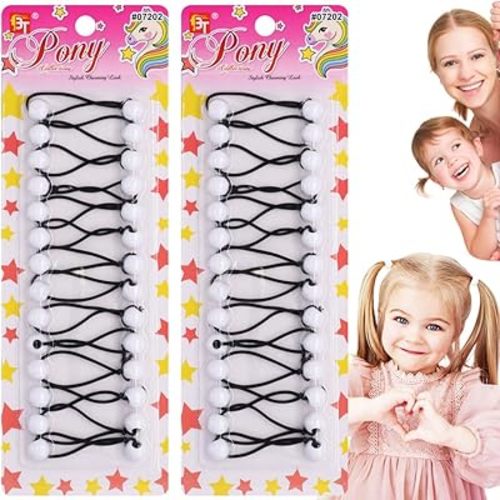 Beauty Town 28 Count Hair Ties Hair Accessories, 12mm Ponytail Holders with Balls Bubble Twinbead for Girls Kids Toddler, White