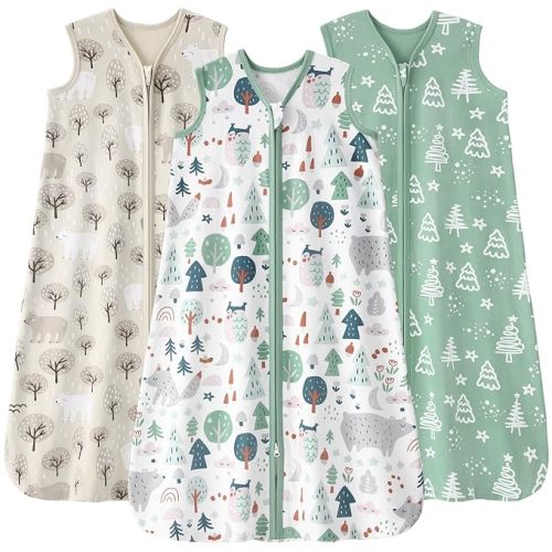 Baby Sleep Sack 0-6 months, 100% Cotton Sleeping Sack for Newborn and Infant, 3 Pack Baby Wearable Blanket, 0.5 Tog Lightweight Double Zipper Sleep Bag Small Green Forest Bear