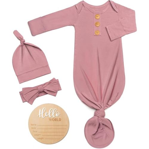 Soft Baby Knot Gown 0-3 Months, Newborn Announcement Sleepers With Mitten Cuffs and Personalized Wooden Name Tag (Bean Pink)