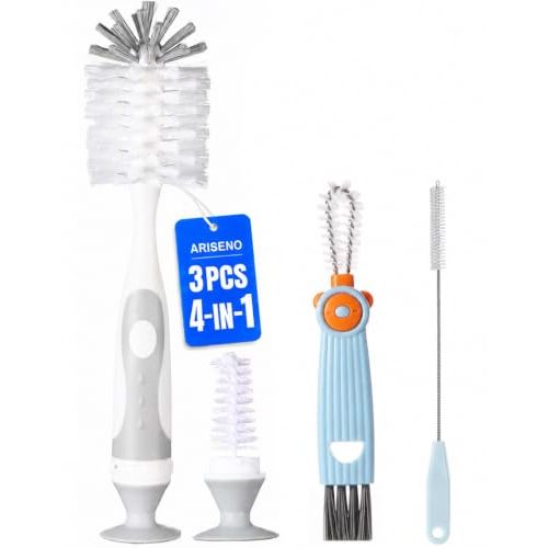 4-in-1 Baby Bottle Brush Set, Gray | Cleaning Kit With Cap, Straw and Nipple Brushes for Baby Bottles, Breast Pump Parts, Cups and Lids; BPA-free Materials.
