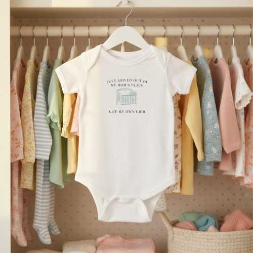 Funny Baby Onesie, "Moved Out" Crib Graphic Bodysuit