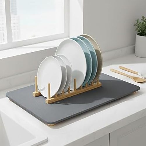 Stone Drying Mat for Kitchen Counter, 20"×16" Natural Diatomaceous Earth Dish Drying Stone with 5 Wooden Feet & Bamboo Rack, Fast Absorbing, Minimalist Design for Modern Kitchens
