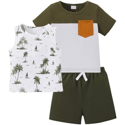 Jecson Toddler Boy Clothes 3-Piece Summer Set - Sleeveless Tank, Short Sleeve Top and Shorts 12M-4T