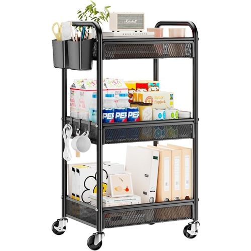 YASONIC 3 Tier Rolling Cart – Metal Utility Storage Cart with Wheels, Craft Cart Organizer with Hanging Cups, Hooks, Mesh Basket for Bedside Kitchen Office Art, Black