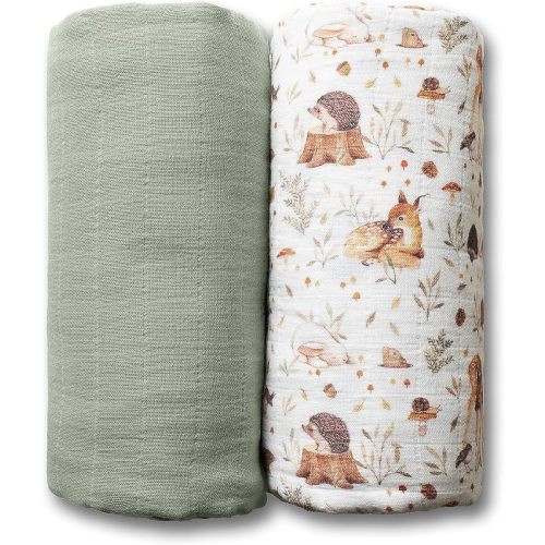 GOTS Certified Organic Muslin Swaddle Blankets, 2 Pack Baby Receiving Blankets, Soft Breathable Cotton Swaddles for Newborn Boys & Girls, Woodland Deer & Sage Green