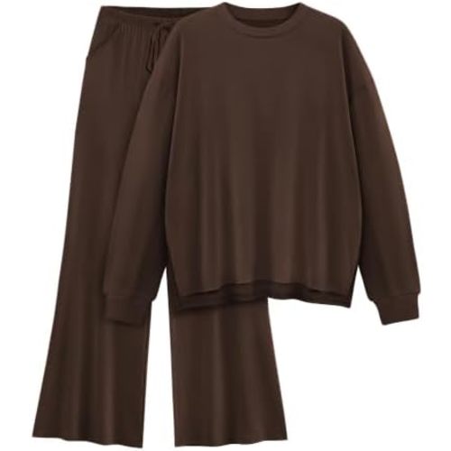 Womens Lounge Set 2026 Fall 2 Piece Outfits Long Sleeve Tops Wide Leg Long Pants Cozy Matching Sets Clothing