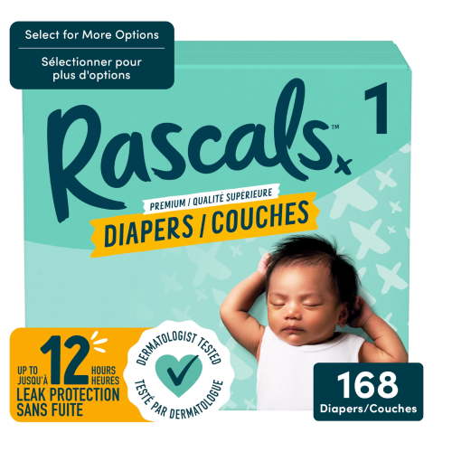 Rascals Premium Diapers, Size 1, Carton, 168 Count, Unisex Baby Diaper - Walmart.ca
