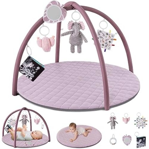 Blissful Diary Baby Play Gym Mat, Tummy Time Activity Mat with 6 Detachable Toys for Stage-Based Sensory & Motor Skill Development, Easy to Install & Clean, Baby Essentials Gift, Lavender Pink