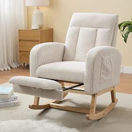 NIOIIKIT Nursery Rocking Chair, Corduroy Upholstered Rocking Chair with Adjustable Footrest, Tufted Rocker Chair with Side Pocket, Glider Rocker for Living Room (Cream Casual)