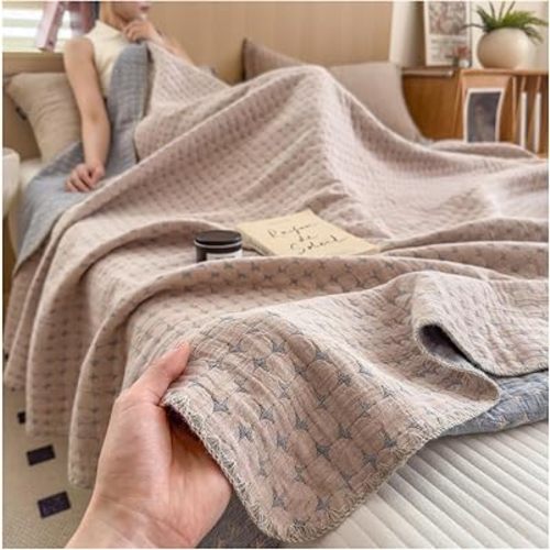 100% Cotton Blanket for Bed Couch, Jacquard Floral Throw Blanket, Soft Lightweight Quilt Queen King Size, Breathable 3-Layers Woven Bed Cover Bedspread Coverlet (Stars - Grey,79''x91''/200 * 230cm)