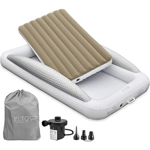 ELTOW Inflatable Toddler Travel Bed with Safety Bumpers, Portable Kids Air Mattress for Travel, Complete Toddler Air Mattress Set with High-Speed Pump & Carry Bag - Gray Chevron