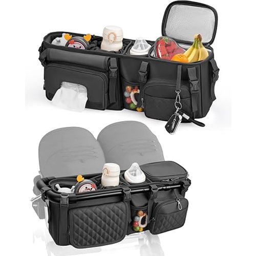 kcross Double Stroller Organizer Bag for Bob Duallie and Baby Jogger City Mini Gt2, Double Stroller Caddy Organizers with Cup Holder,Parent Console Stroller Accessories with Cooler Pockets