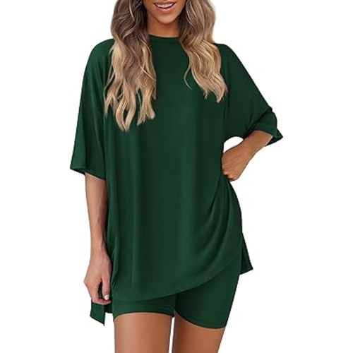 PRETTYGARDEN Women 2 Piece Lounge Set 2026 Summer Casual Oversized Shirts Biker Shorts Matching Airport Travel Outfit Clothes
