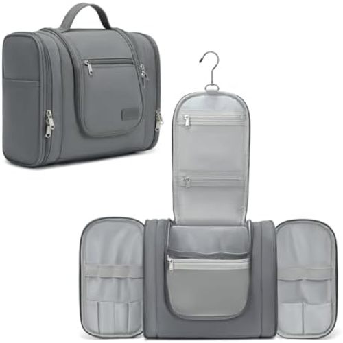 Pearl Angeli Hanging Toiletry Bag for Women and Men, Large Makeup Cosmetic Bag, Water Resistant Toiletries Travel Essentials Organizer, Full-size Container, Grey