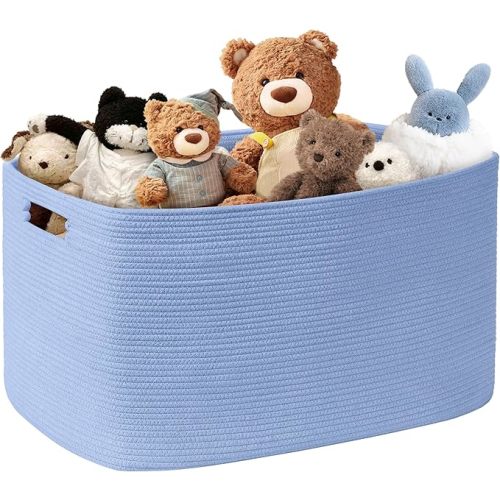 86L Large Baby Girls Laundry Basket for Nursery Storage,Cute Woven cotton Rope Baskets for Kids Toy，Gifts, Boho Square Wicker Blanket hamper for Living Room,Bedroom Dirty Clothes,Blue Purple