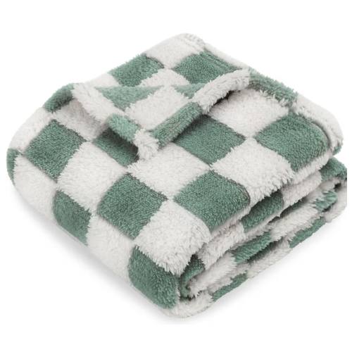 Checkered Baby Blanket for Boys Sage Green Soft Fluffy Fuzzy Blankets with 3D Chessboard Grid, Warmer Comfort Reversible Lightweight Bed Blanket for Toddlers Infant or Newborn 30 x 40 Inch