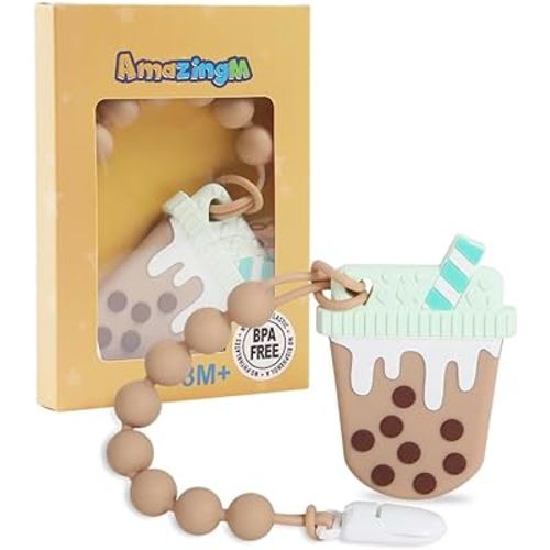 Baby Food Grade Silicone Teether Toy with One Piece Design Pacifier Clip Holder,Teething Toys Gift Set for 3 Months+ Boys and Girls,Freezer Safe,BPA Free. (Bubble Tea)