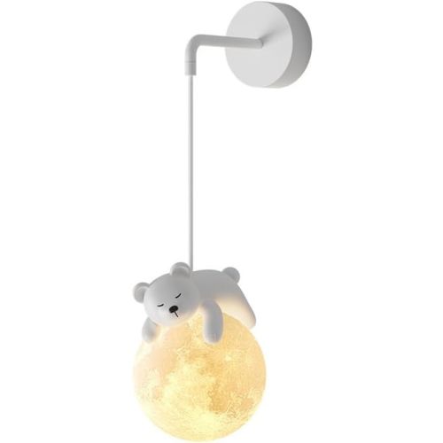Renter Friendly Hardwired Wall Sconce Kids Room 3D Printing Moon Ball Bedroom Wall Light Cute Cartoon Animals Rabbit Panda Bear White Nordic Dimmable Bedside Wall Lamp For Boys Girls Room Children Nur