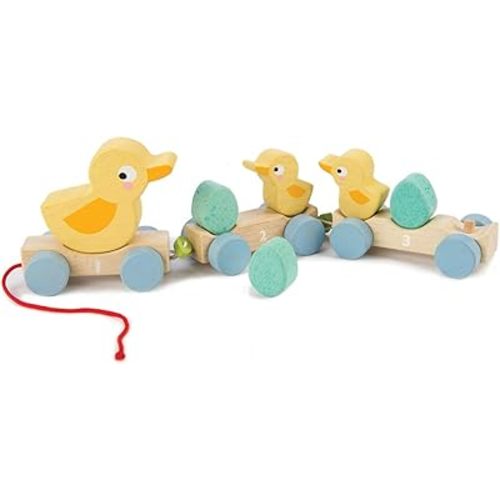 Tender Leaf Toys - Pull Along Ducks - Classic Wooden Pull Along Toy - 9pc Duck Family Set with 1 Mother Duck, 2 Baby Ducks, 3 Eggs and 3 Cars - Encourages Number Learning - 18Mths+