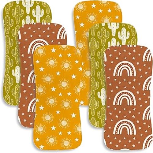 6 Pack Baby Burp Cloths, 100% Cotton Muslin with Boho Cactus Rainbow Sun Print, Large Soft & Absorbent Washcloths for Infants, Perfect Newborn Baby Boy & Girl Shower Gift