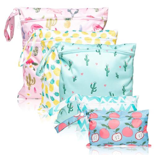 R HORSE 5Pcs Waterproof Reusable Diaper Baby Cloth Wet Dry Bags with 2 Zippered Pockets Summer Travel Beach Pool Bag with Pineapple Flamingo Cactus Pattern(3 Sizes)
