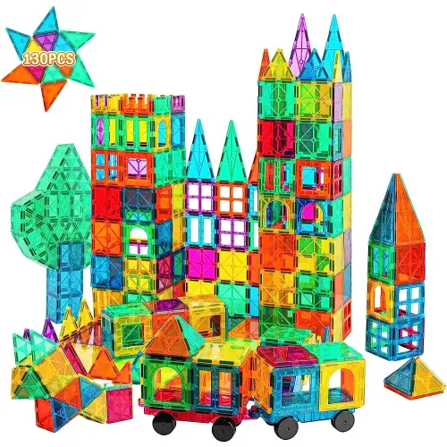 Bmag 130PCS Magnetic Tiles Building Blocks, 3D Magnet Blocks Construction Playboards for Kids Toddlers, Educational STEM Preschool Toys for Boys Girls with 2 Cars