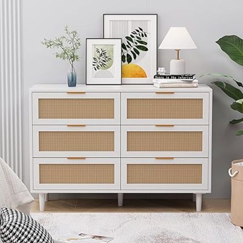6 Drawer Rattan Dresser, 43" Wood Chest of Drawers for Closet, Storage Bedroom Dresser Rattan Cabinet for Bedroom,Living Room,White, S