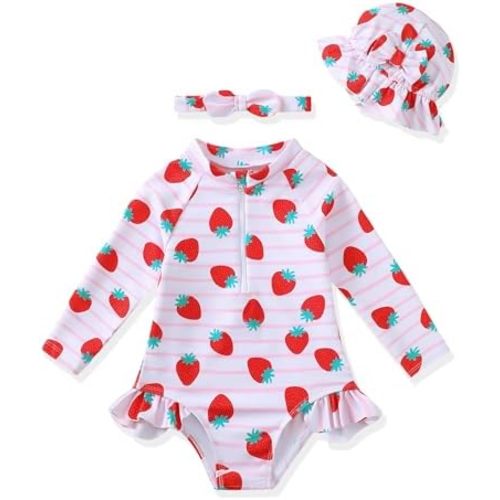 Baby Girl Swimsuit Summer One-Piece Infant Bathing Suit with Hat Long Sleeve Ruffle Zipper Rash Guard Beach Swimwear