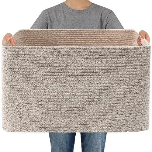 Woven Blanket Basket,65L Large Storage Bin for Blankets Toys Clothes,Decorative Rope Basket for Living Room Bedroom with Handles, Oatmeal