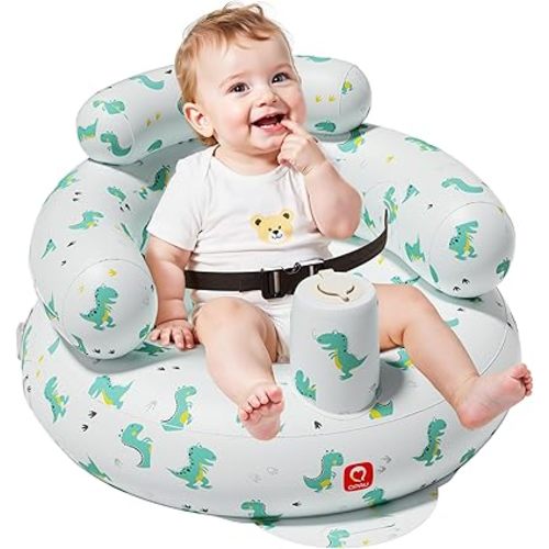 QPAU Inflatable Baby Seat with Safety Harness for Babies 3 Months & Up, Baby Floor Seats for Sitting Up, Baby Seats for Infants, Blow Up Baby Chair with Built in Air Pump (Green Dinosaur Pattern)