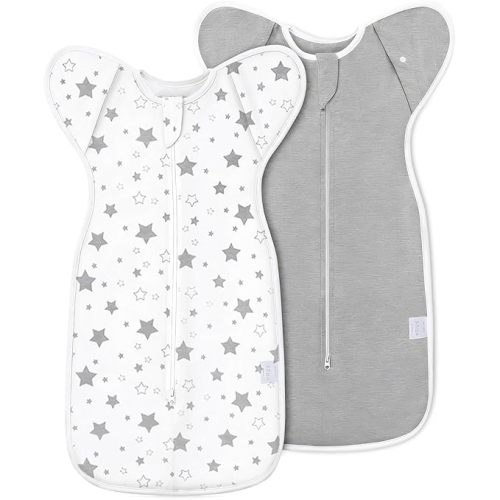 2-Pack Baby Swaddle Sleep Sack 0-3 Months - Arms Up Transitional Swaddle for Newborns, Baby Sleep Sack with Cuff Removable & 2-Way Zipper, Gray Stars Design