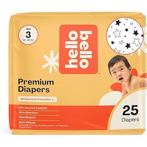 Hello Bello Diapers, Size 3 (14-24 lbs) Superstars, 25 Count of Premium Disposable Baby Diapers, Hypoallergenic with Soft, Cloth-Like Feel